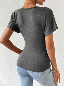 EMERY ROSE Women's Plain V-Neck Ruched Short Sleeve T-Shirt - Grey - View 2