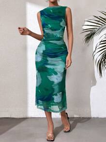 Chiquease 女式渲染印花網紗連衣裙 - 綠色 - 查看 3