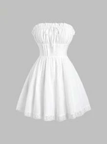 SHEIN Unity Đầm quây xếp ly màu trơn dành cho nữ, có viền bèo nhún. - trắng - Xem 1