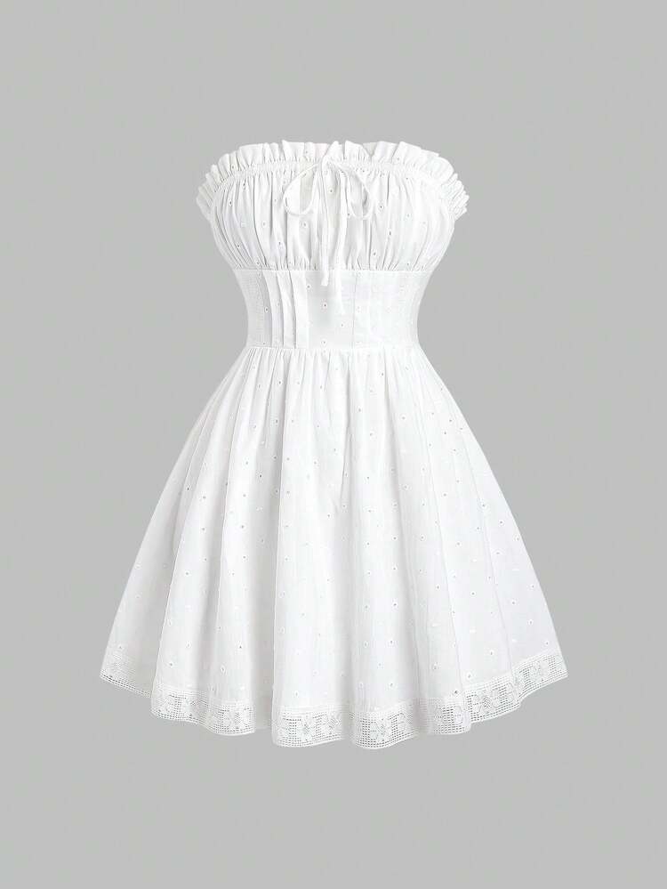 Ladies' Solid Color Pleated Strapless Dress With Frill Trim