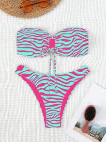 SHEIN Swim 夏日海滩斑马纹两件套比基尼 - 綠色 - 查看 5