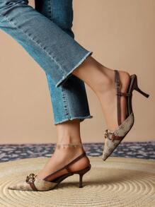 Fall/Winter 2025 Women's High Heeled Pointed Toe Shoes With Buckle, Retro Vintage Floral Embroidery And Back Straps,Kitten Heels,Elegant,Women Pumps,Elegant - Coffee Brown - View 2