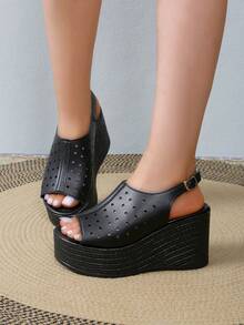 女士凉鞋開口露趾,中空皮革材質,坡跟和厚底高跟平台夏季拖鞋 - 黑色 - 查看 3