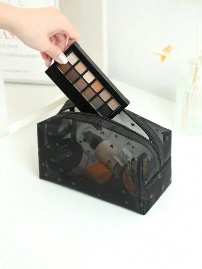 Maryam Alam 1pc Heart Shaped See-Through Mesh Cosmetic Bag For Traveling