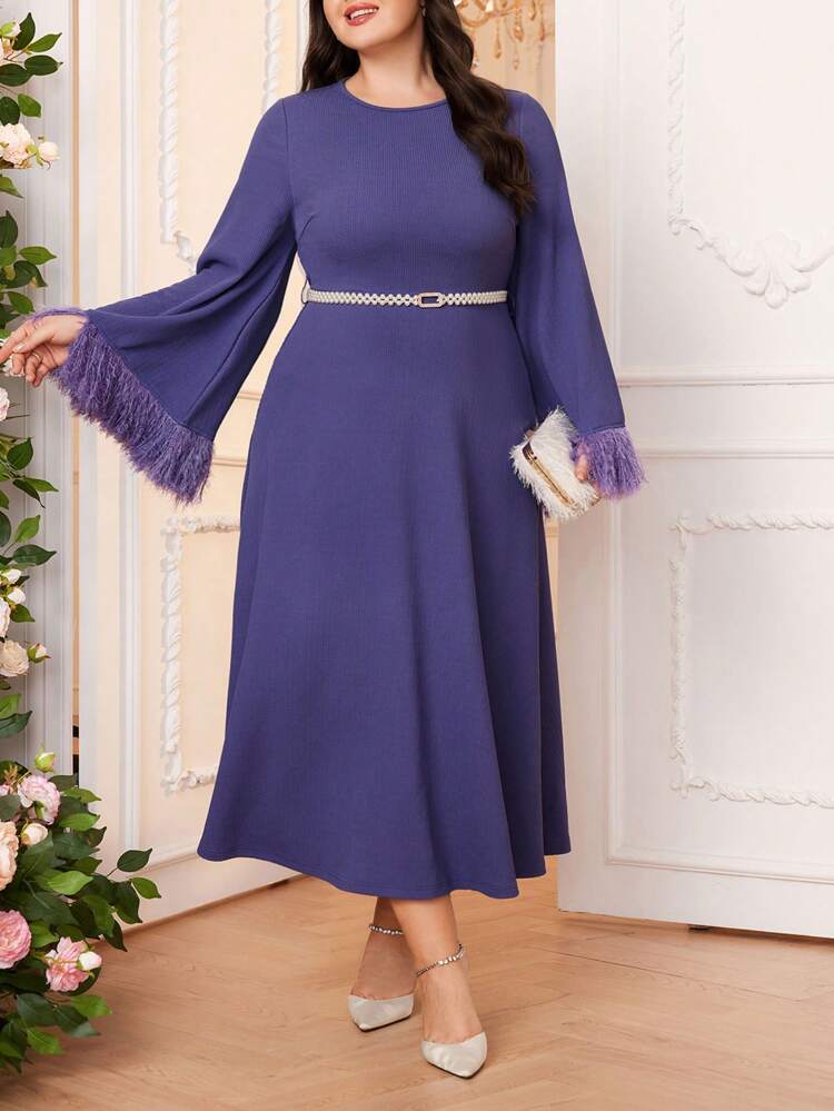 Plus Size Solid Color Round Neck Long Sleeve Splice Mermaid Dress Long Evening Dresses