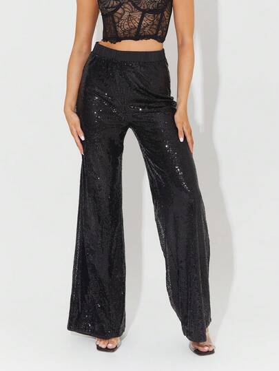 UNIQUE21 New Women' Wide Leg Pants With Sequins Decoration