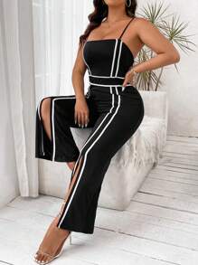 SHEIN Clasi Kích thước lớn Khối màu Thon gọn Áo ba lỗ Và Cái nĩa cao Quần ống loe Hai chiếc Bộ - Đen và trắng - Xem 5