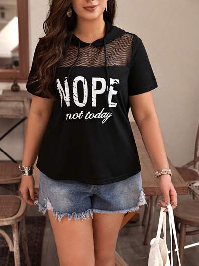 SHEIN LUNE Plus Size Women's Mesh Splice Letter Print Hooded T-Shirt Graphic Tees Women Tops