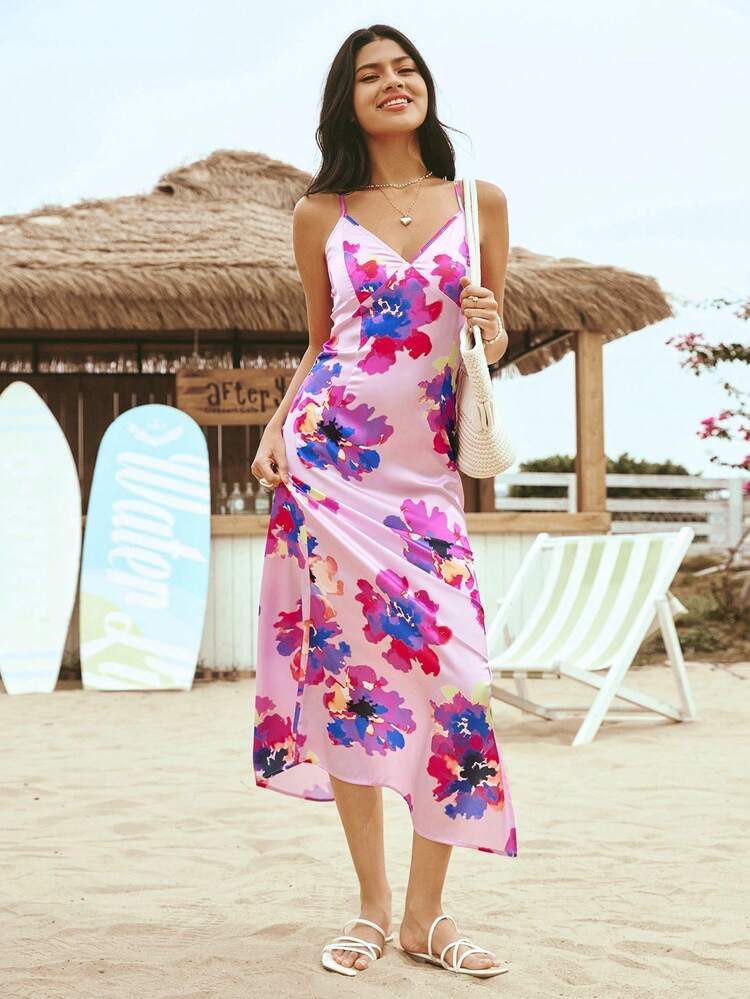 Women'S Purple Printed Satin Holiday Style Dress Beach Dresses