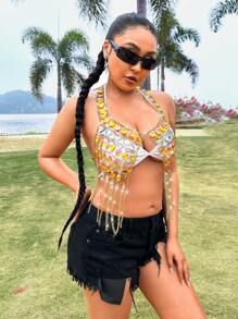 Zolique Women's Backless Halter Top With Rhinestone Chain And Tassel Fringe - Multicolor - View 5