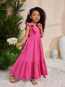 SHEIN Young Girl Choco Color Sleeveless Dress With Woven Fabric And Square Neckline For Music Festival Holiday Outfits - Hot Pink - View 5