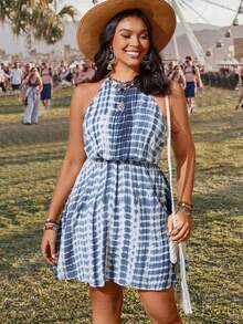 SHEIN VCAY 加大碼渐层色系领口连衣裙,露背领设计,弹性腰,适合度假 - 彩色 - 查看 3