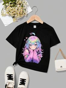 SHEIN Leap Crew Tween Girls' Casual Simple Print Short Sleeve T-Shirt, Suitable For Summer - Black - View 1