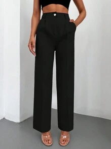 EURMUSE 純色斜口袋西裝褲 - 黑色 - 查看 1