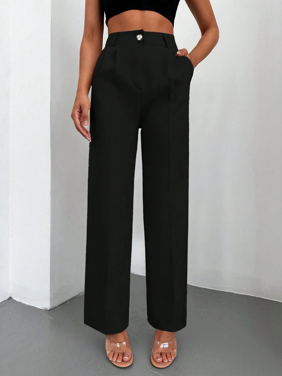 EURMUSE 純色斜口袋西裝褲 - 黑色 - 查看 1