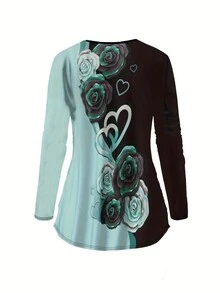 大尺碼女士休閒愛心印花拼接長袖t恤和褲子套裝