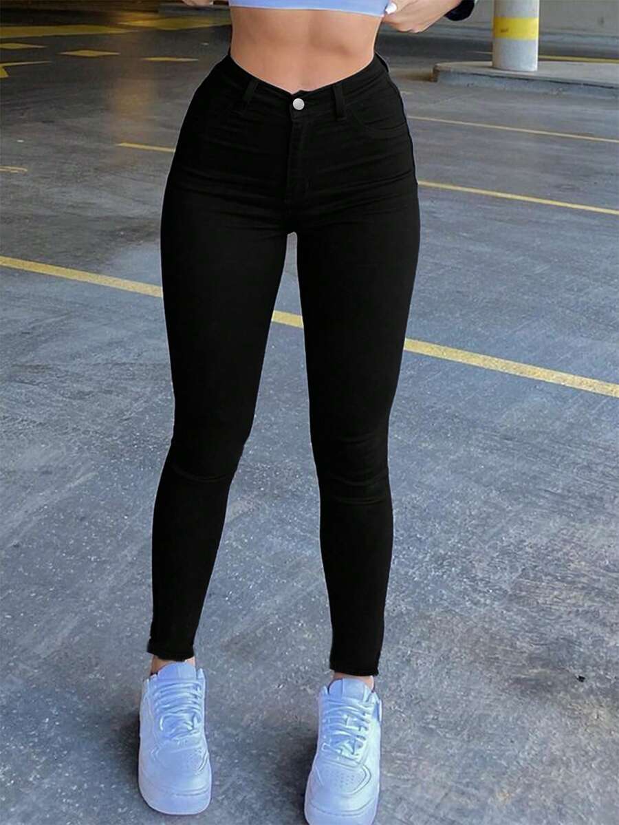 Jeans slim de couleur unie avec poches, style décontracté pour femmes - Noir - Voir 1