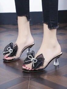 女士黑色蝴蝶结水钻装饰个性化高跟凉鞋 - 黑色 - 查看 3