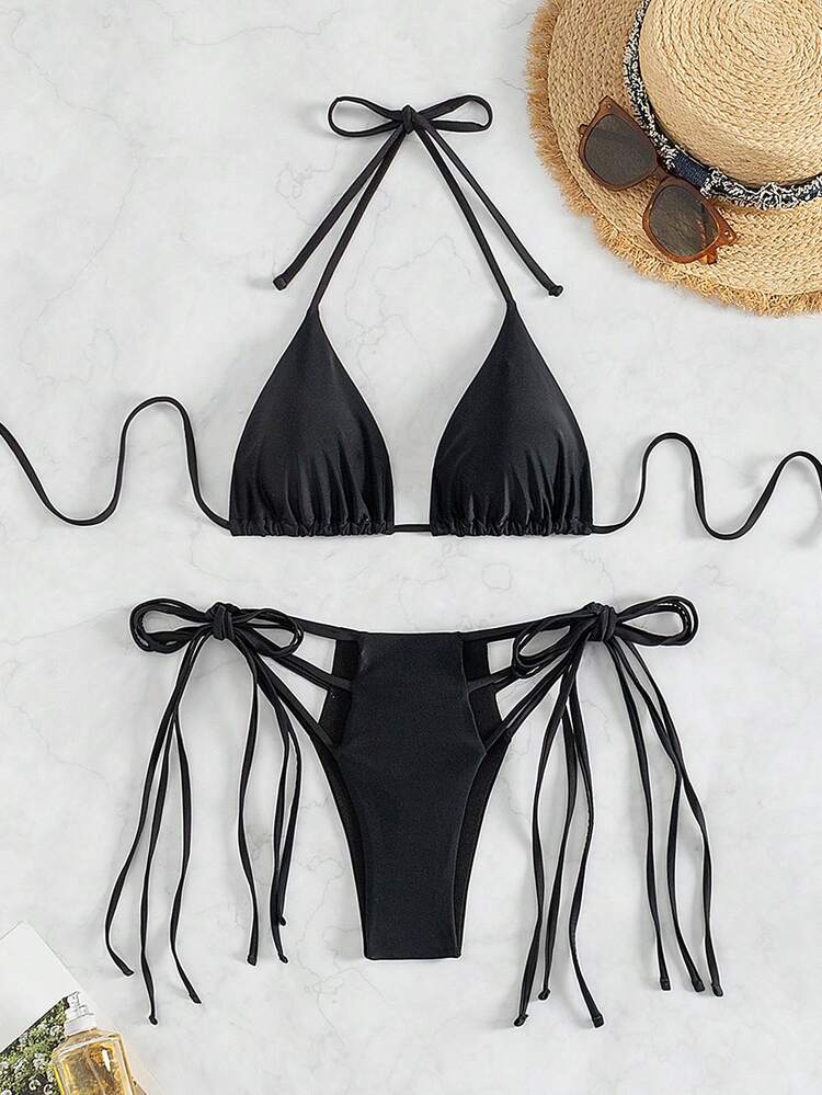 Summer Women's Solid Color Side Tie Halter Neck Bikini Set