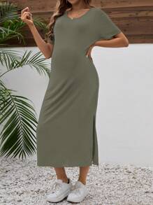 Maternity Solid Color V-Neck Short Sleeve Side Slit Hem Casual Dress - Army Green - View 6