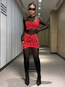 SHEIN Unity Black Printed Red Fishnet Dress - Red and Black - View 4