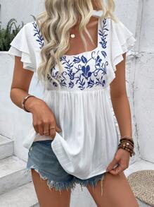 SHEIN LUNE Women's Summer Square Neck Embroidered Short Sleeve Shirt Peplum Top