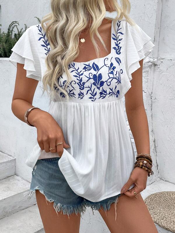 SHEIN LUNE Women's Summer Square Neck Embroidered Short Sleeve Shirt Peplum Top