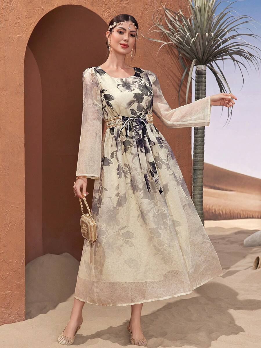 Modelyn 女士花卉泡泡印花长袖圆领连衣裙长款晚礼服 - 彩色 - 查看 1
