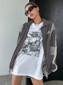 DAZY 女式字母印花拼色夹克，秋装