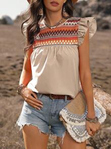 EMERY ROSE Women's Geometric Printed Round Neck Cap Sleeve Blouse Tops - Apricot - View 3