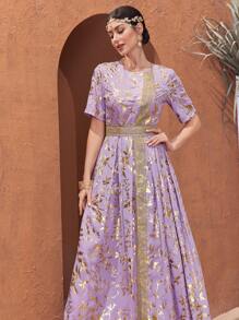 Al Najma Vestido De Mujer Con Decoración De Encaje Soluble En Agua Impreso Dorado - Morado - Ver 4