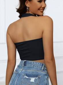 INAWLY 素色螺紋針織繞頸短上衣