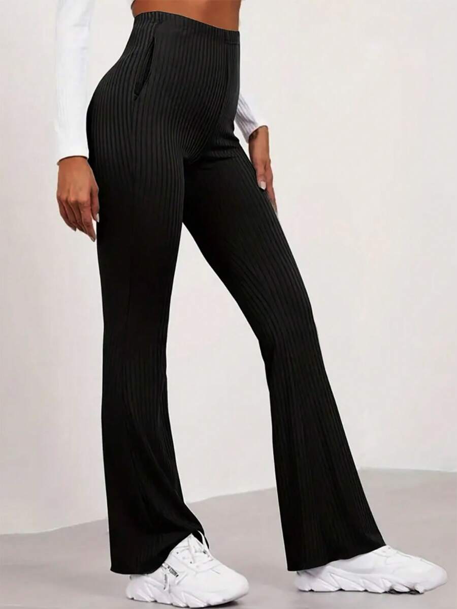 Slaydiva 夏季休閒高腰側邊口袋黑色鈴形褲女裝褲-C - 黑色 - 查看 1