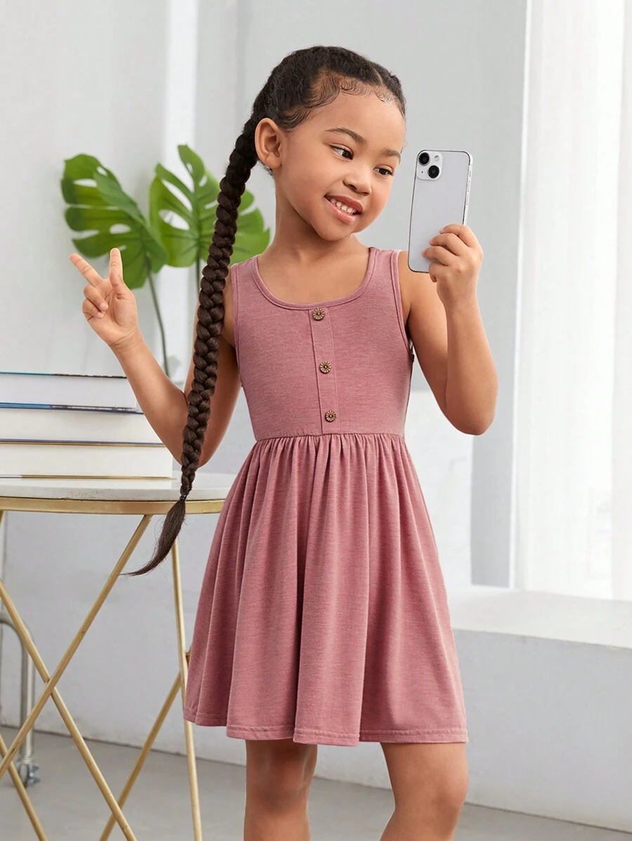 SHEIN Young Girl Daily Outfit Sweet Solid Knit Sleeveless Dress For Spring And Summer - Pink - View 1