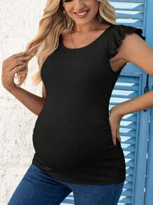 SHEIN 孕婦圓領荷葉邊袖口修身t卹 - 黑色 - 查看 4