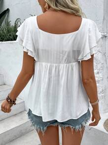 SHEIN LUNE Women's Summer Square Neck Embroidered Short Sleeve Shirt Peplum Top