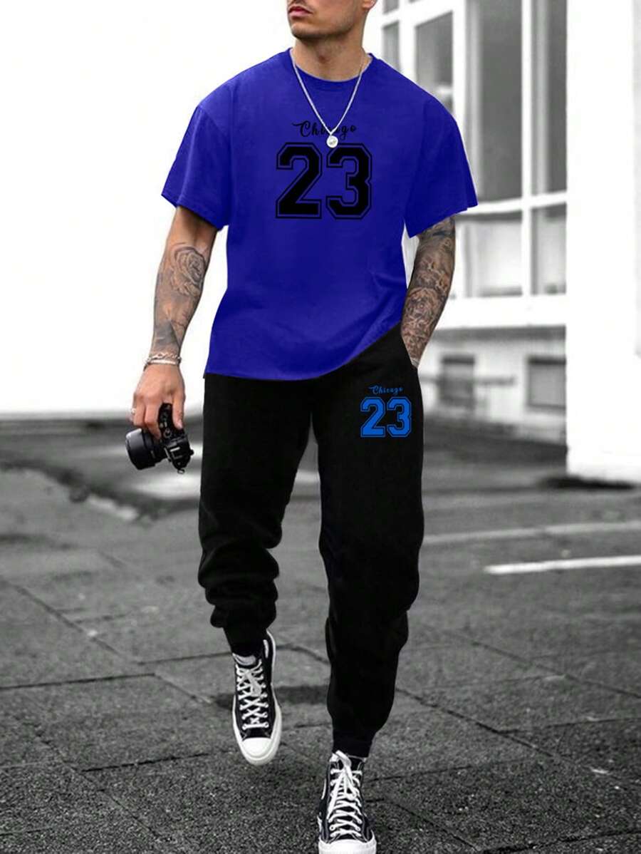 Manfinity Homme Men Plus Letter Graphic Tee & Sweatpants - Multicolor - View 1