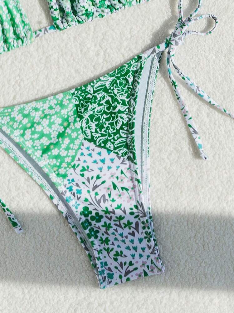 Floral Patchwork Halter Neck Two-Piece Bikini Set Summer Beach