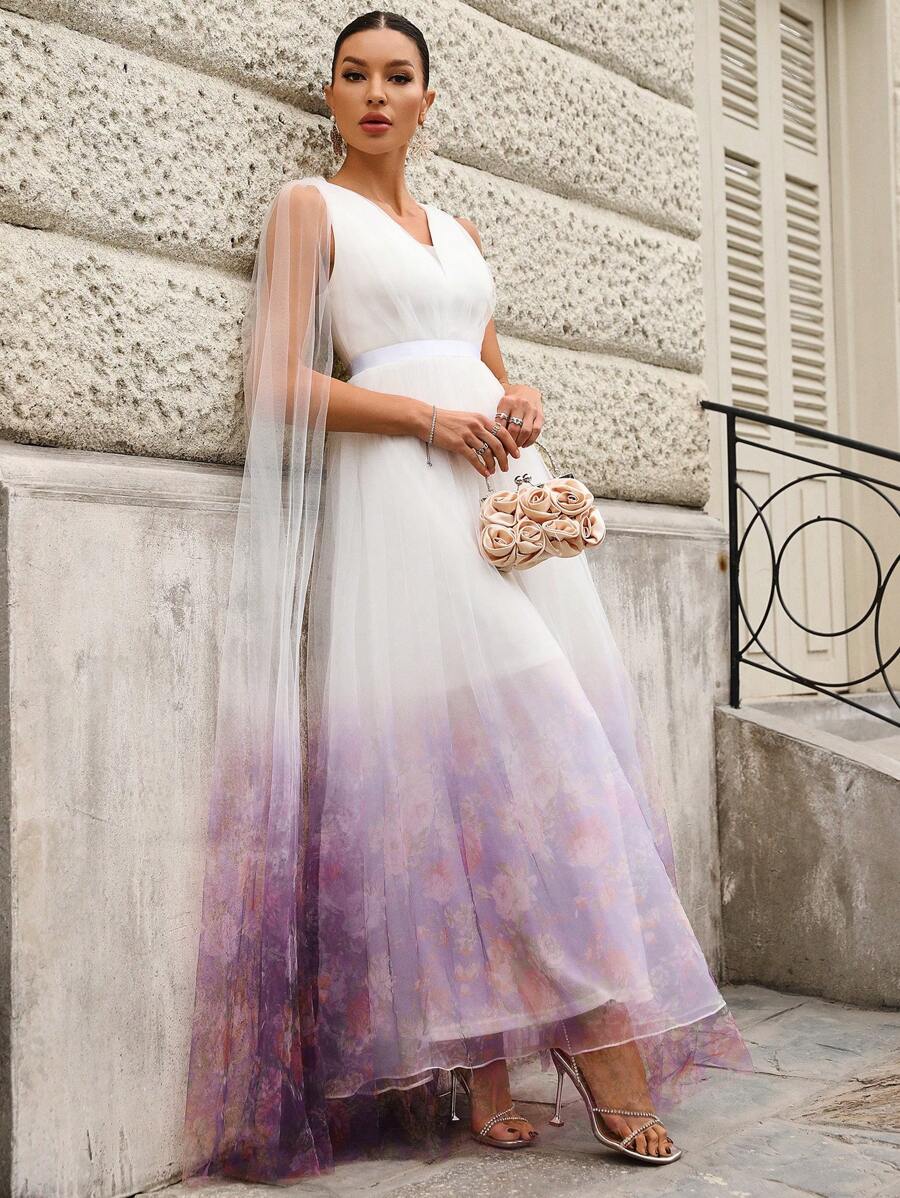 SHEIN Belle 優雅浪漫花紋印花漸層v領無袖婚紗 - 彩色 - 查看 1