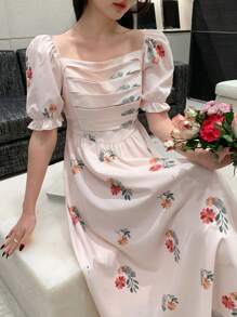 DAZY 花卉印花方领高腰短袖连衣裙太阳裙 - 淺粉色 - 查看 4