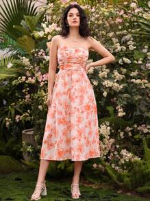 GENKIRA Colorblock Floral Printed Bustier Pleated Waist Dress For Women - Multicolor - View 4