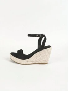 Minimalistische Espadrille Sandalen Für Damen Mit Knöchelriemen, Wildleder Material Mit Metallischem Schnalle, Geflochtenem Sohle Und Dicke Keilabsatz, Perfekt Für Urlaub Und Hochzeiten, Schwarz - Schwarz - Übersicht 5
