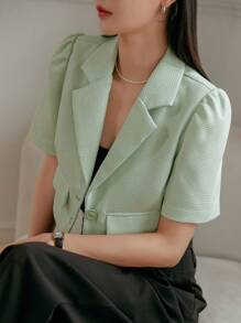 DAZY Solid Color Short Sleeve Turn Down Collar Textured Fabric Cropped Women's Blazer Jacket Business Attire - Green - View 6