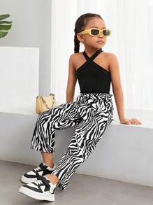 SHEIN Kleine Mädchen Für die Stadt optimiertes Set aus gestricktem Neckholder-Top und milchig gemusterten langen Hosen für Frühling/Sommer