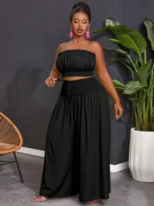 Slaydiva 大码纯色露肩上衣和阔腿裤套装 - 黑色 - 查看 4