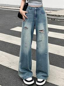 DAZY 女性休閒y2k撕裂牛仔褲 - 藍色 - 查看 7