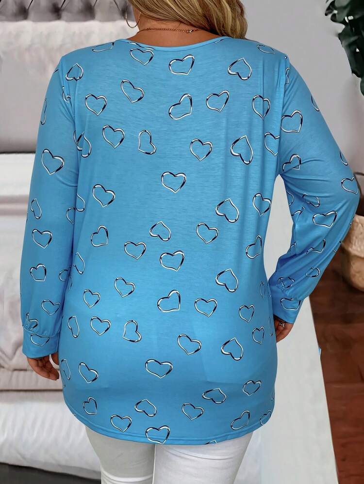 Plus Size Women's Heart Printed Zipper Half-Placket T-Shirt