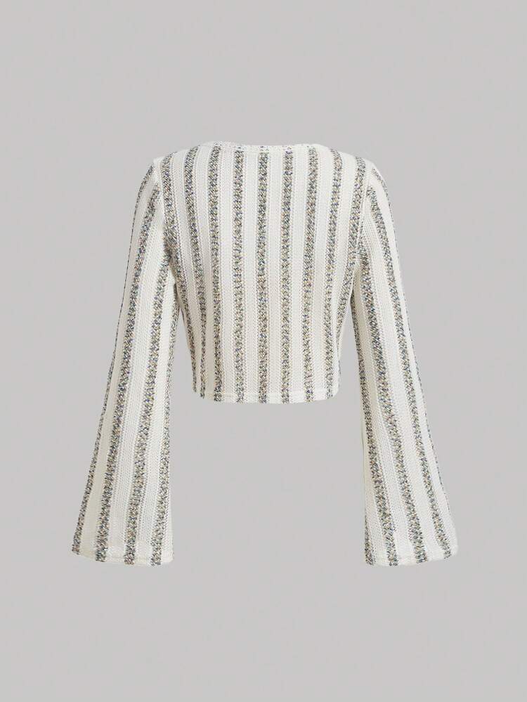 Colorful Striped Tie Waist Bell Sleeve Top