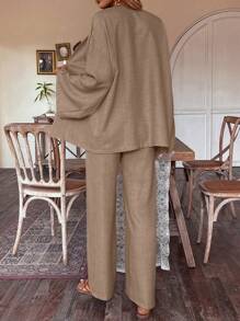 EMERY ROSE 2pcs Women Linen Jacket And Linen Wide Leg Pants Set, Spring/Summer - Khaki - View 2