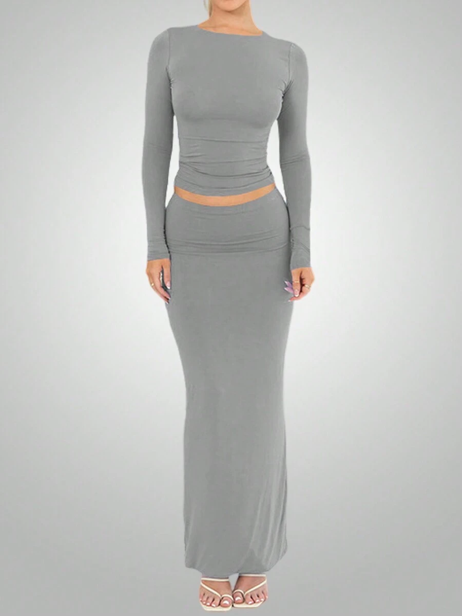INAWLY 女士純色圓領長袖上衣和連身中長裙套裝 - 灰色 - 查看 1
